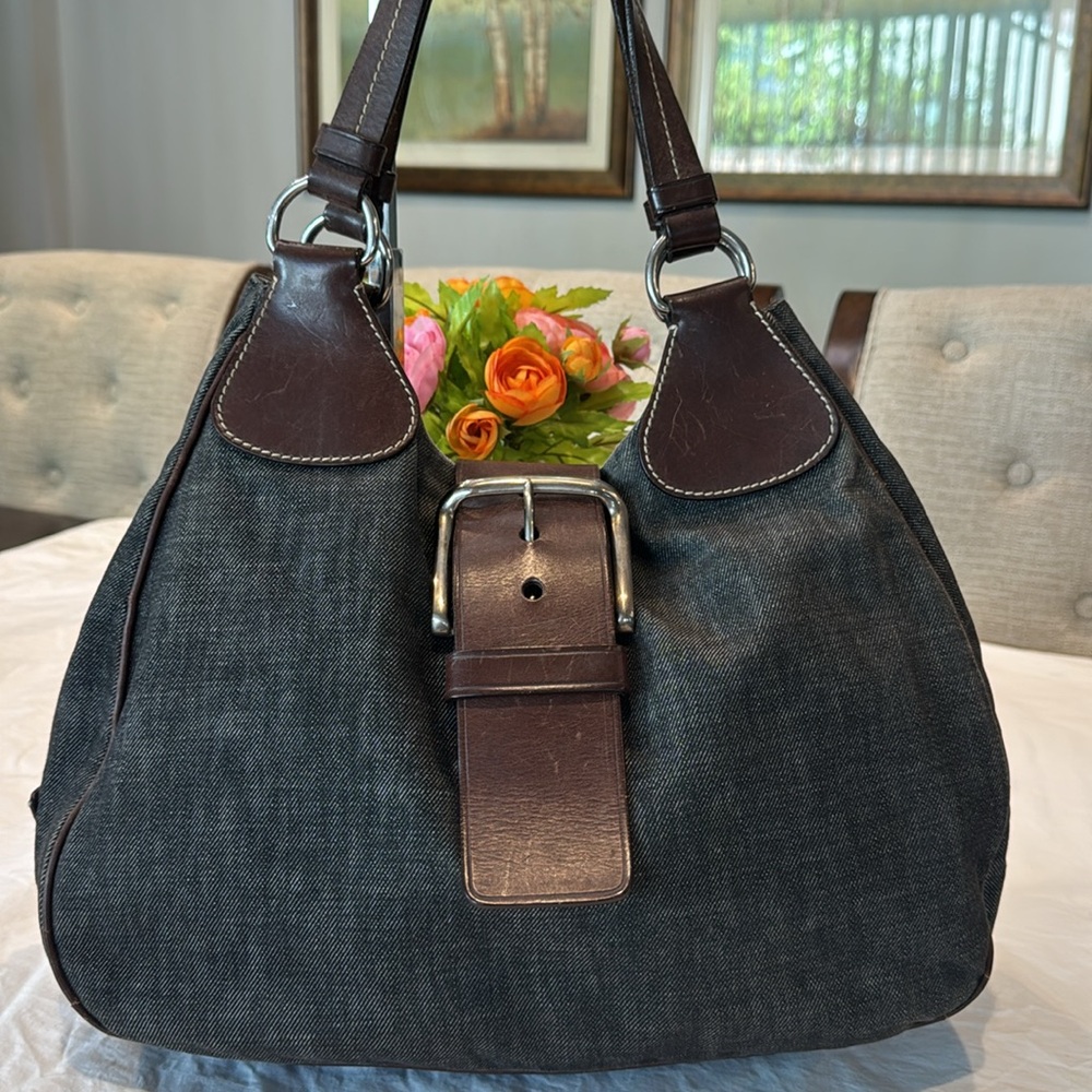 Authentic Prada Dark Denim and Brown Hobo Shoulder Bag - Picture 3 of 16